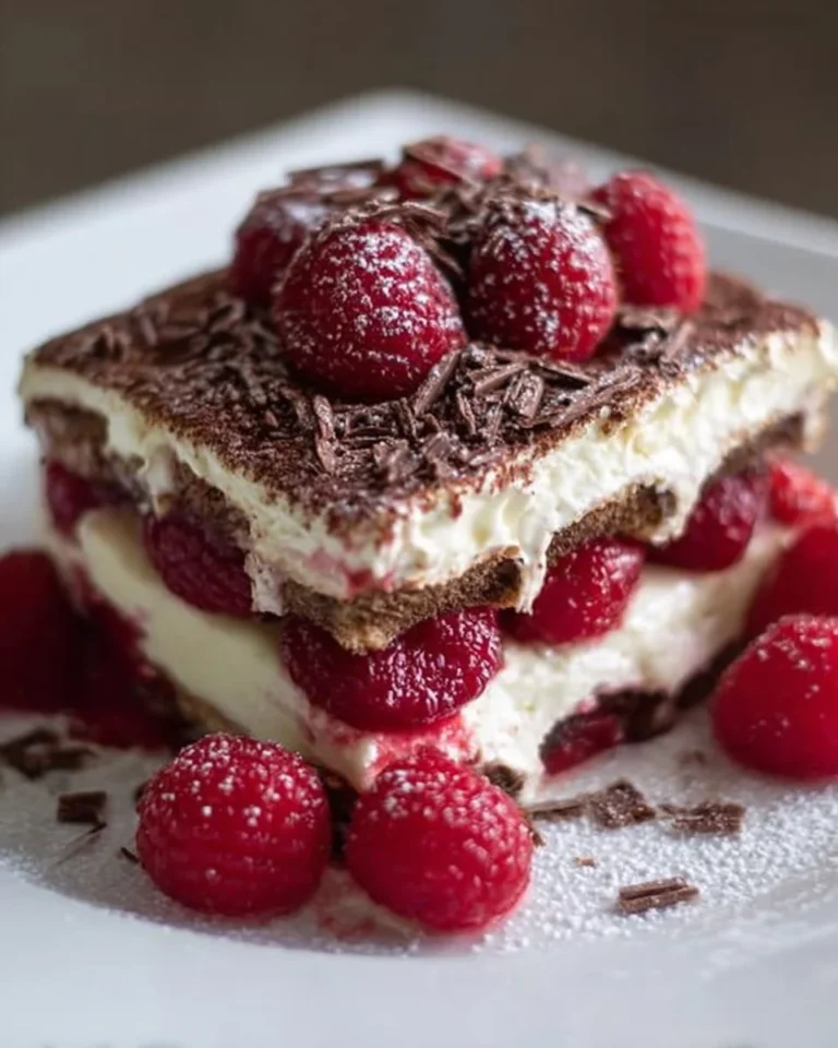 Layered raspberry chocolate lasagna with creamy filling and fresh raspberries