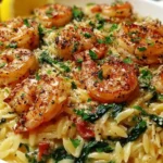 Plate of lemon garlic shrimp served over spinach orzo