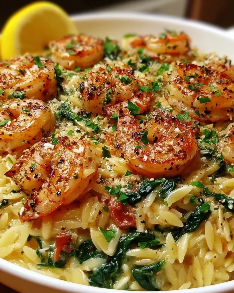 Plate of lemon garlic shrimp served over spinach orzo
