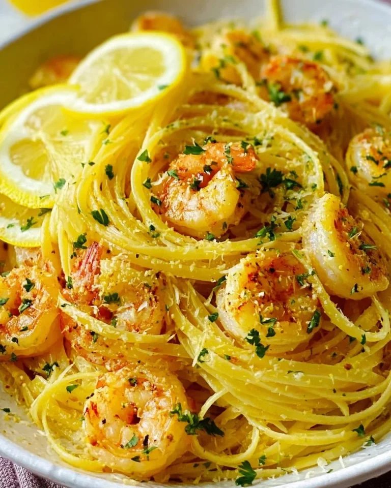 Delicious Lemon Pasta with Shrimp served on a white plate