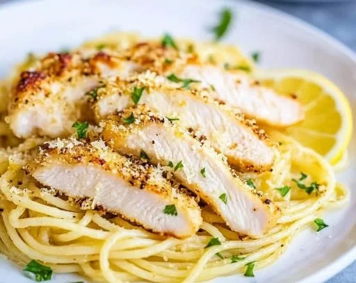 Plate of Lemon Pepper Chicken Pasta garnished with herbs