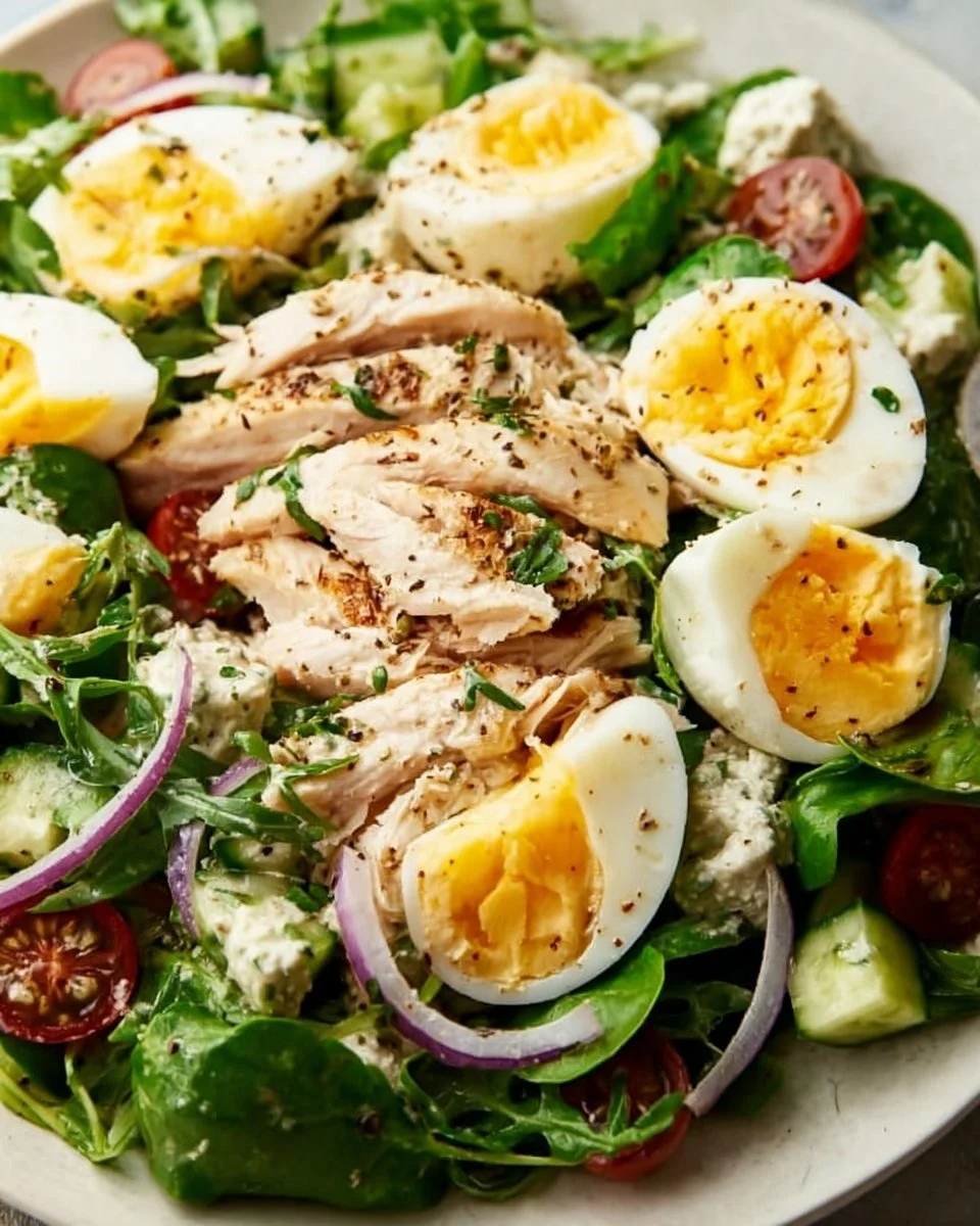 Light chicken salad with eggs served in a bowl, garnished with herbs.