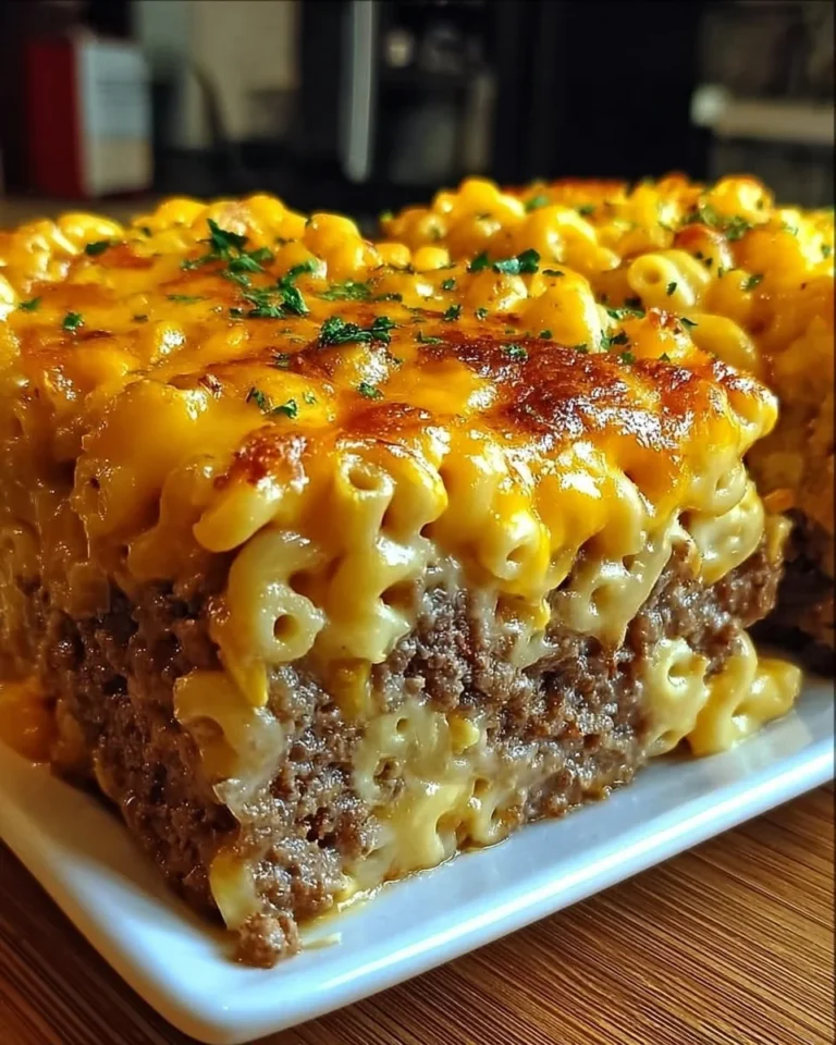 Delicious Mac and Cheese Meatloaf Casserole served in a baking dish