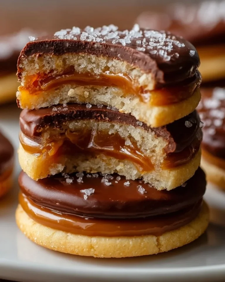 Delicious Millionaire’s Shortbread Sandwich Cookies with caramel and chocolate layers