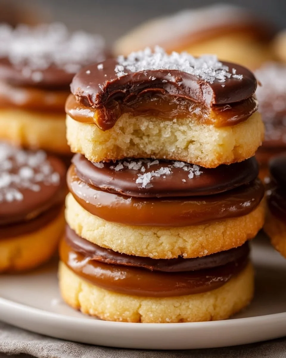 Delicious Millionaire's Shortbread Sandwich Cookies with layers of caramel and chocolate.