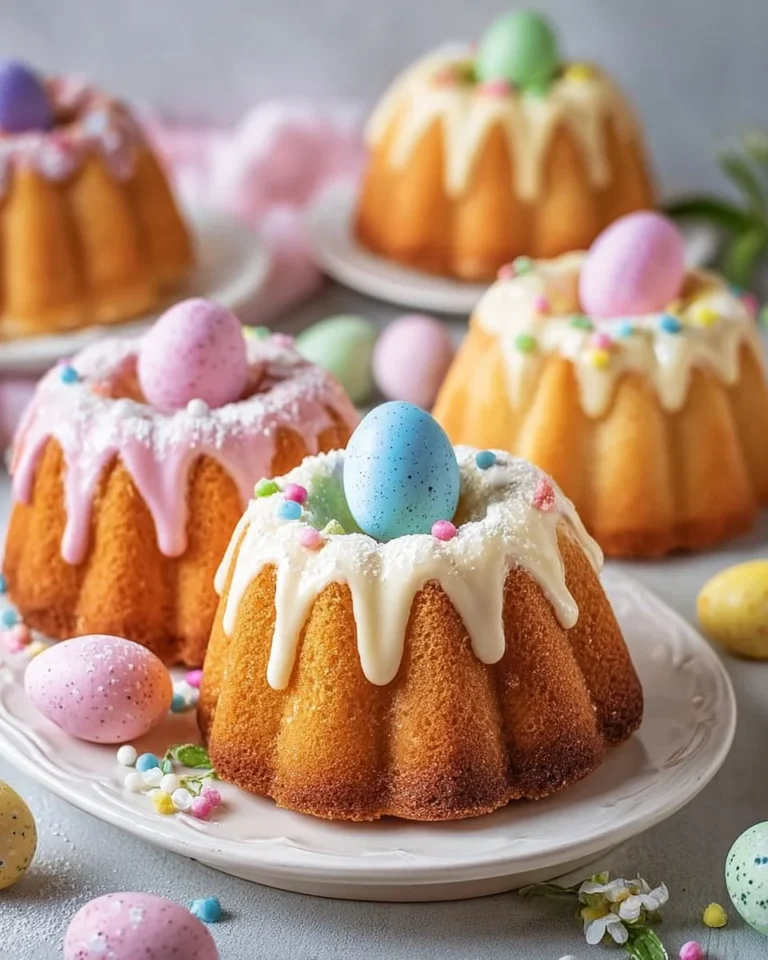 Mini Easter Bundt Cakes decorated with pastel icing and Easter-themed sprinkles