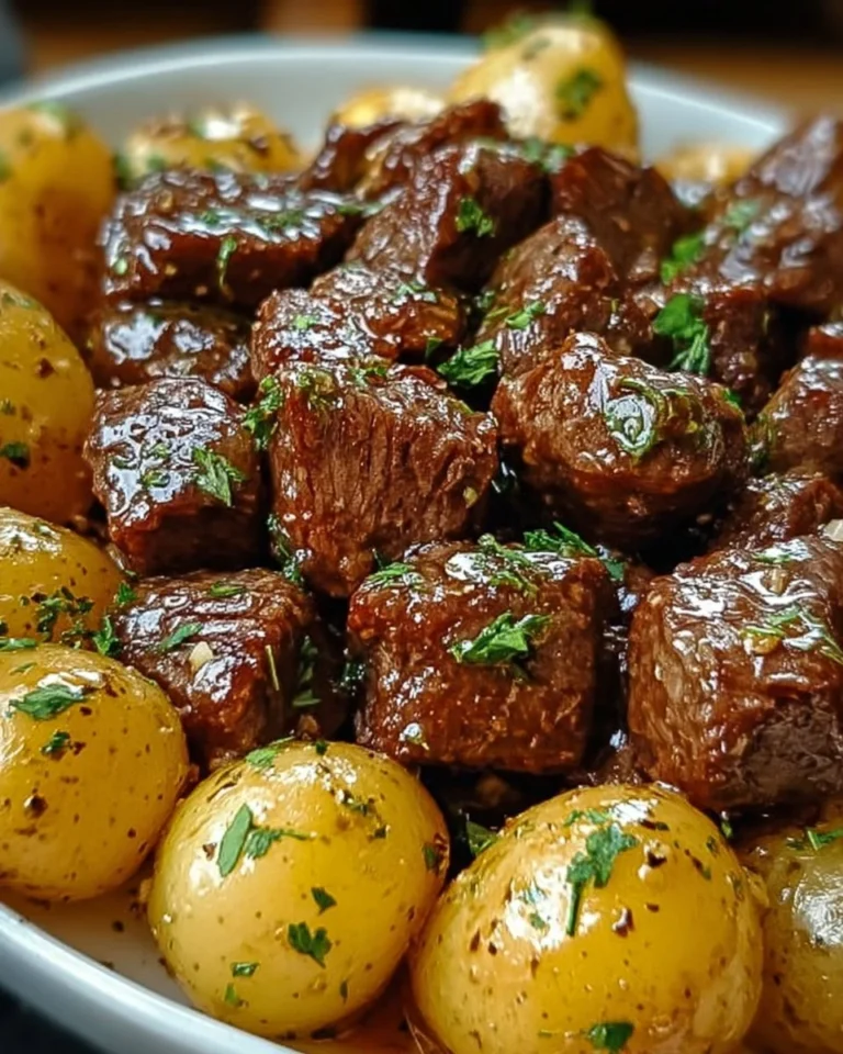 Slow cooker garlic butter beef bites served with tender potatoes