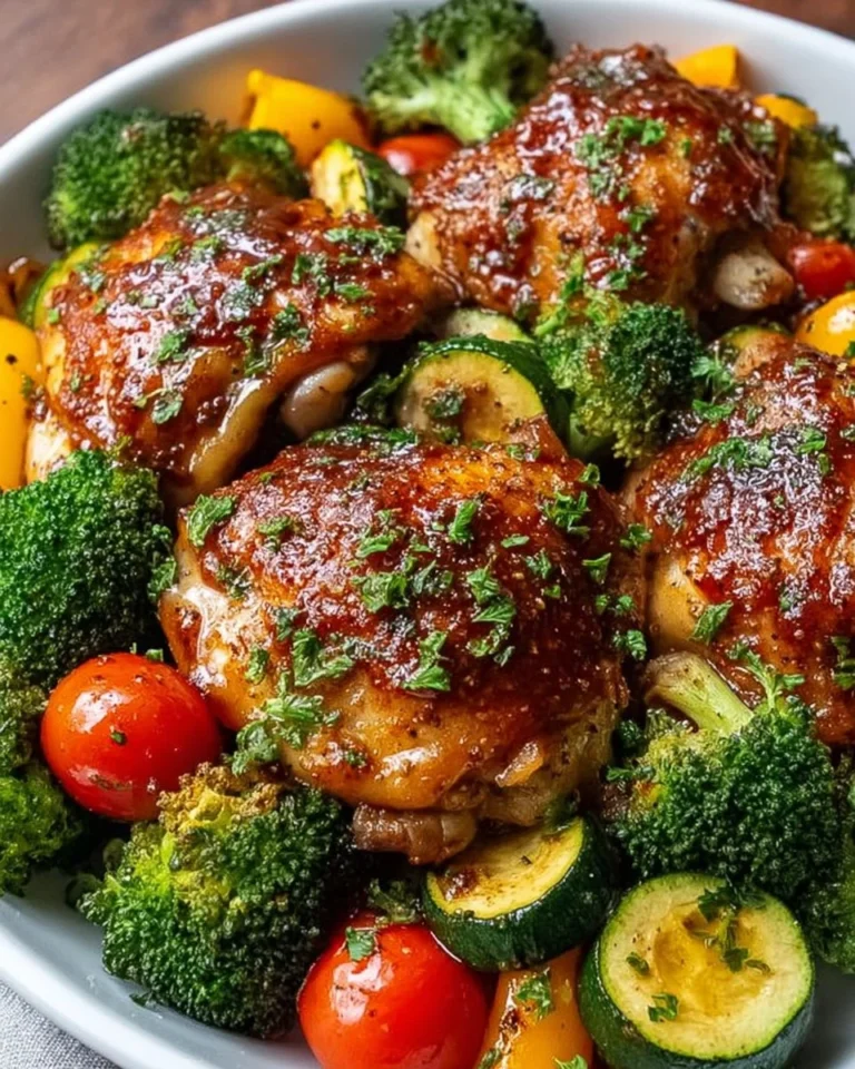 One pan BBQ chicken thighs and colorful veggies cooked together