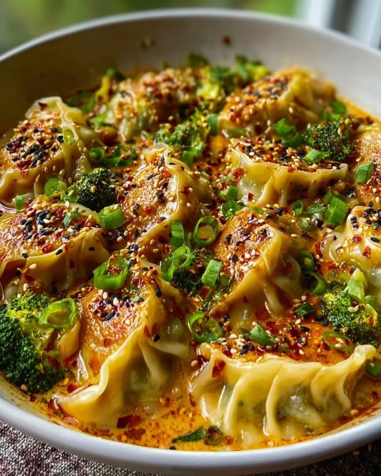 Oven-baked dumplings drizzled with peanut sauce on a plate