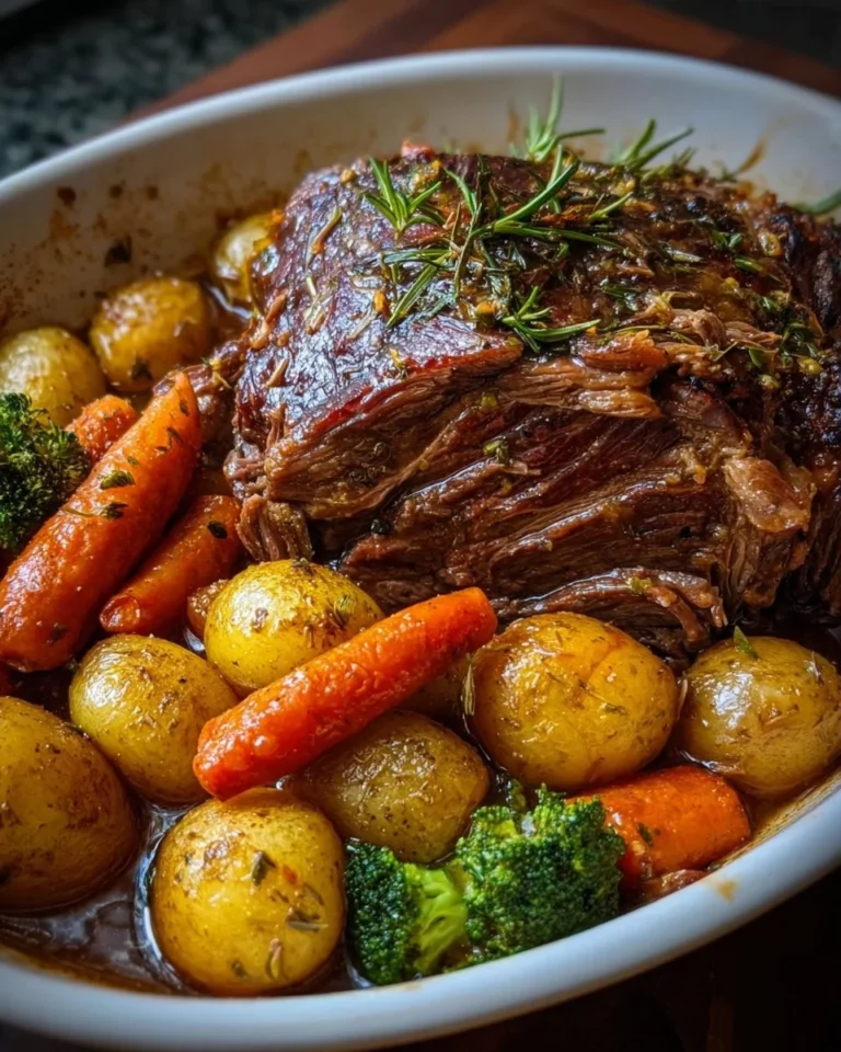 Delicious oven pot roast served with vegetables and gravy