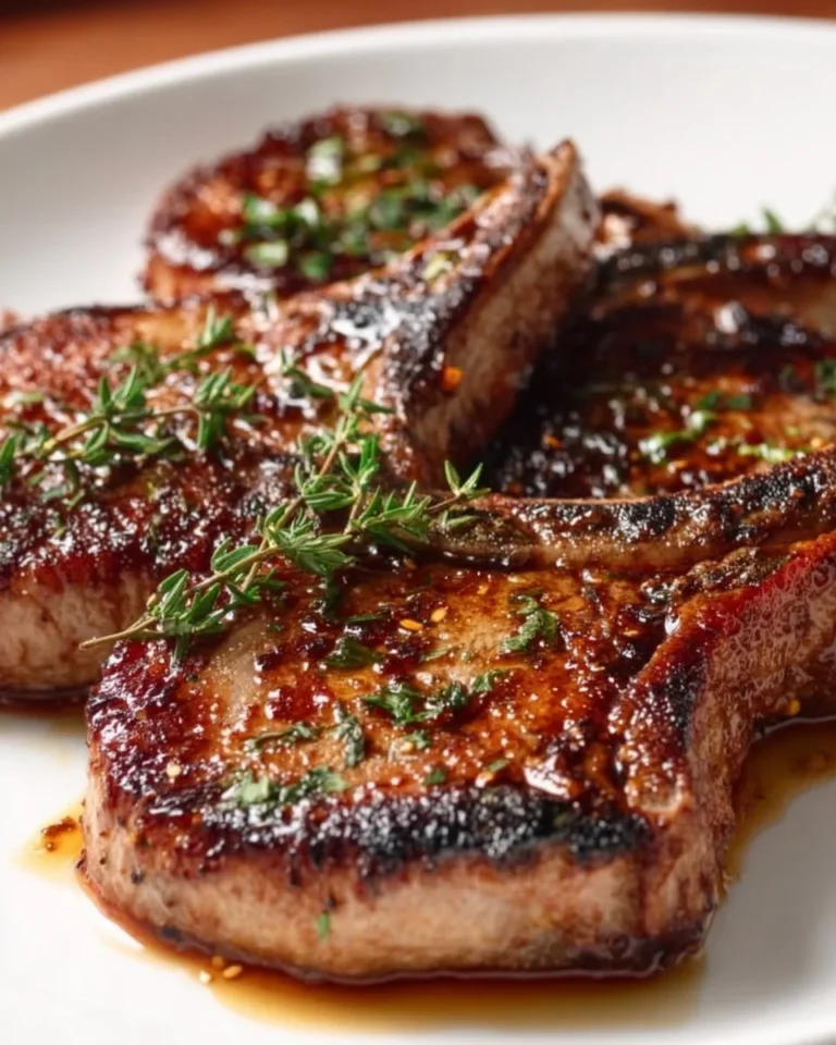 Pan seared honey beef chops served with herbs and vegetables