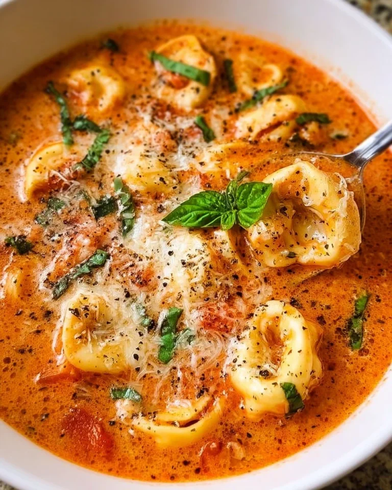 Delicious Parmesan Tomato Tortellini Soup served in a bowl with herbs