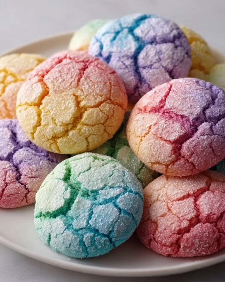 Pastel rainbow crinkle cookies with powdered sugar topping on a plate.