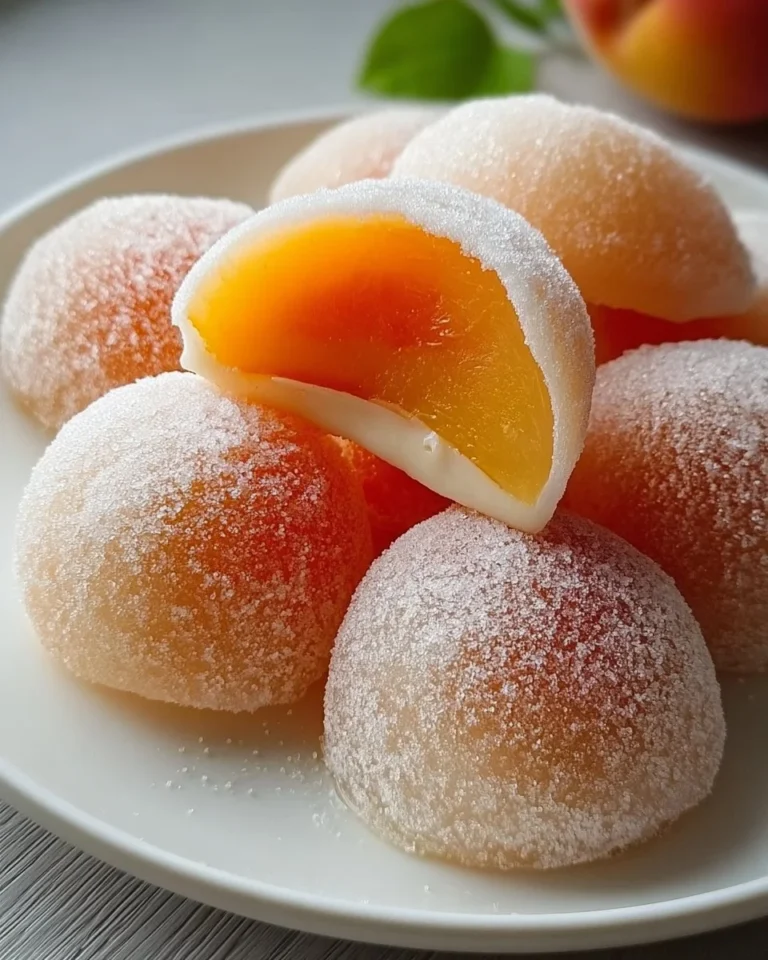 Delicious Peach Mochi dessert showcasing its soft, chewy texture and fruity flavor.