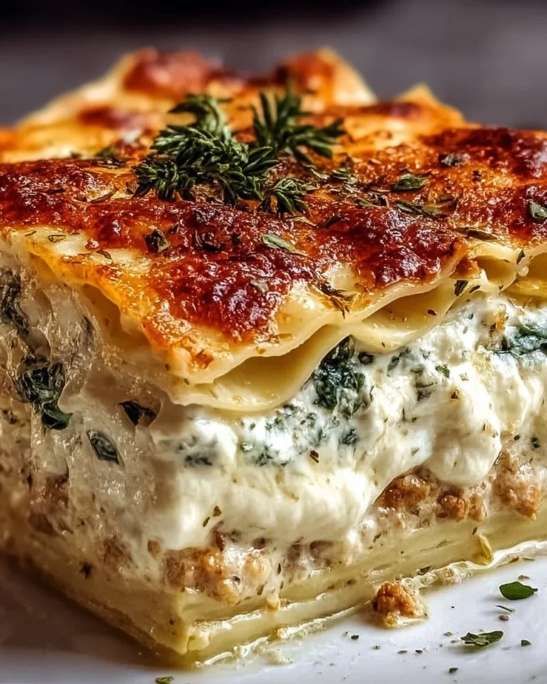 Creamy white lasagna on a plate with fresh herbs and melted cheese