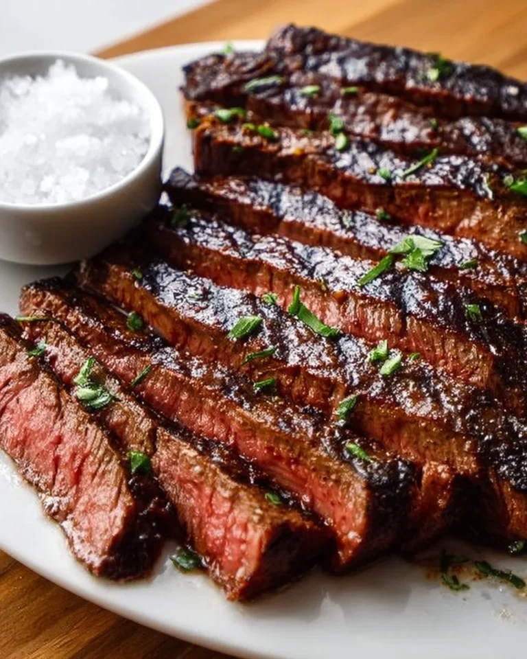 Perfectly grilled flank steak served on a plate with herbs and spices