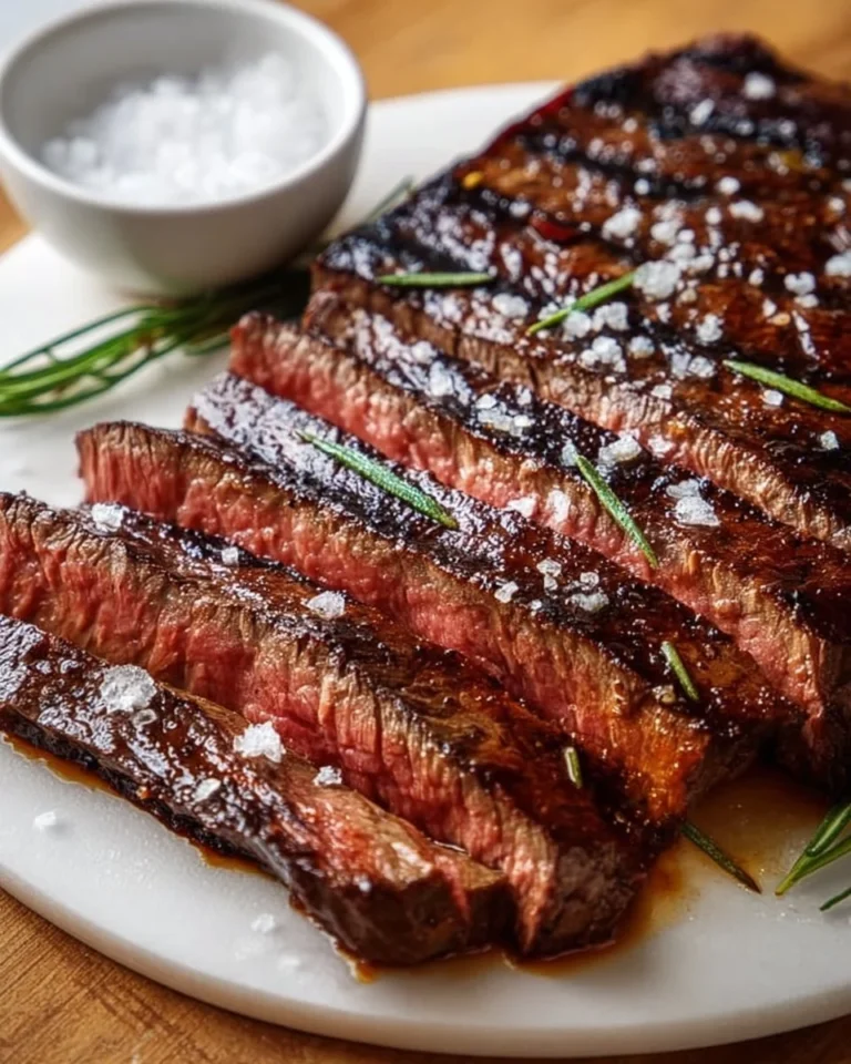 Perfectly grilled flank steak on a platter with fresh herbs and seasonings.