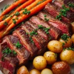 Perfectly sliced steak served with roasted baby potatoes and carrots