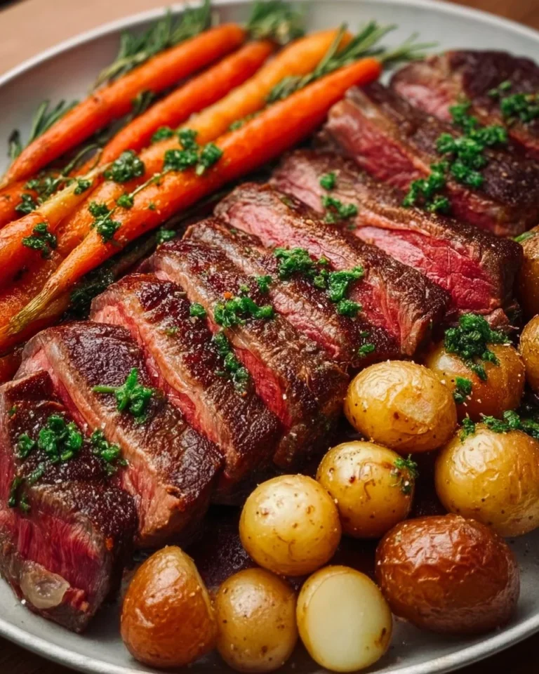 Perfectly sliced steak served with roasted baby potatoes and carrots