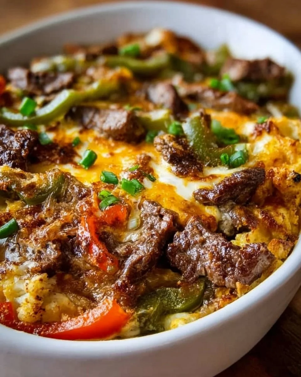 A delicious Philly Cheesesteak Casserole served in a baking dish.