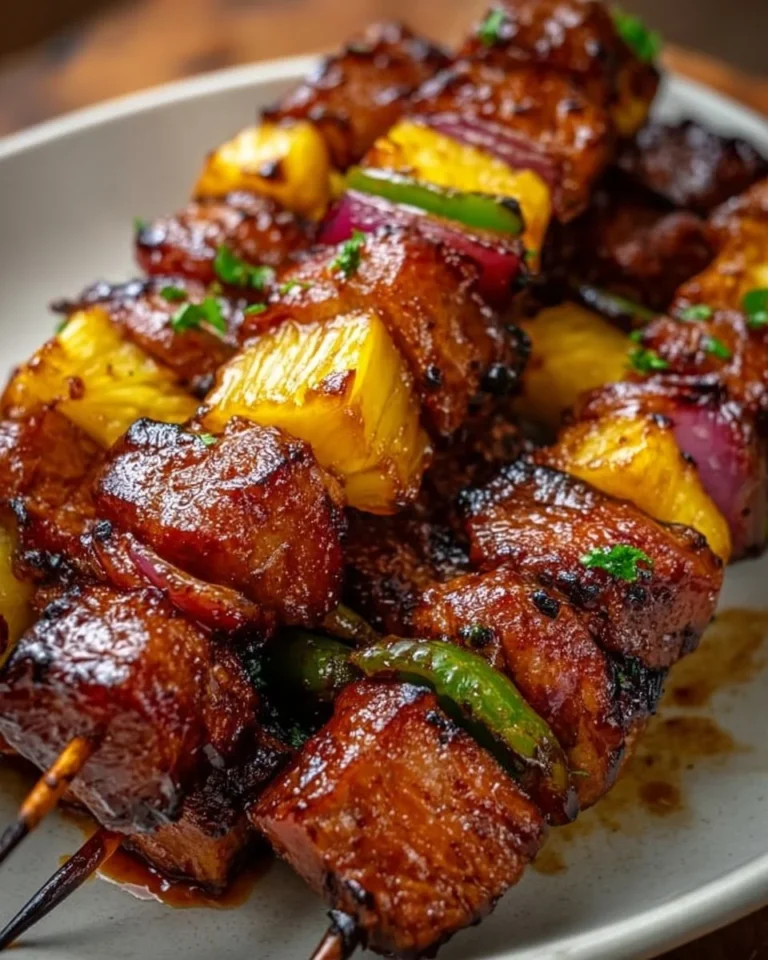 Delicious pineapple BBQ pork skewers grilled to perfection