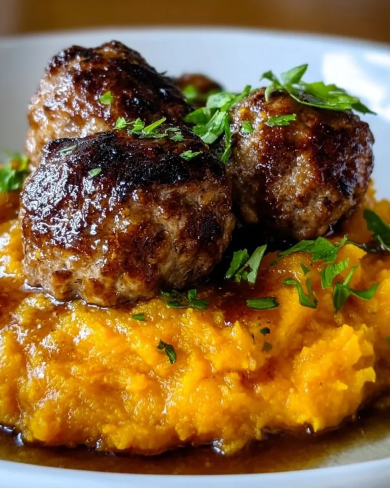 Pork meatballs served with smooth sweet potato mash on a plate