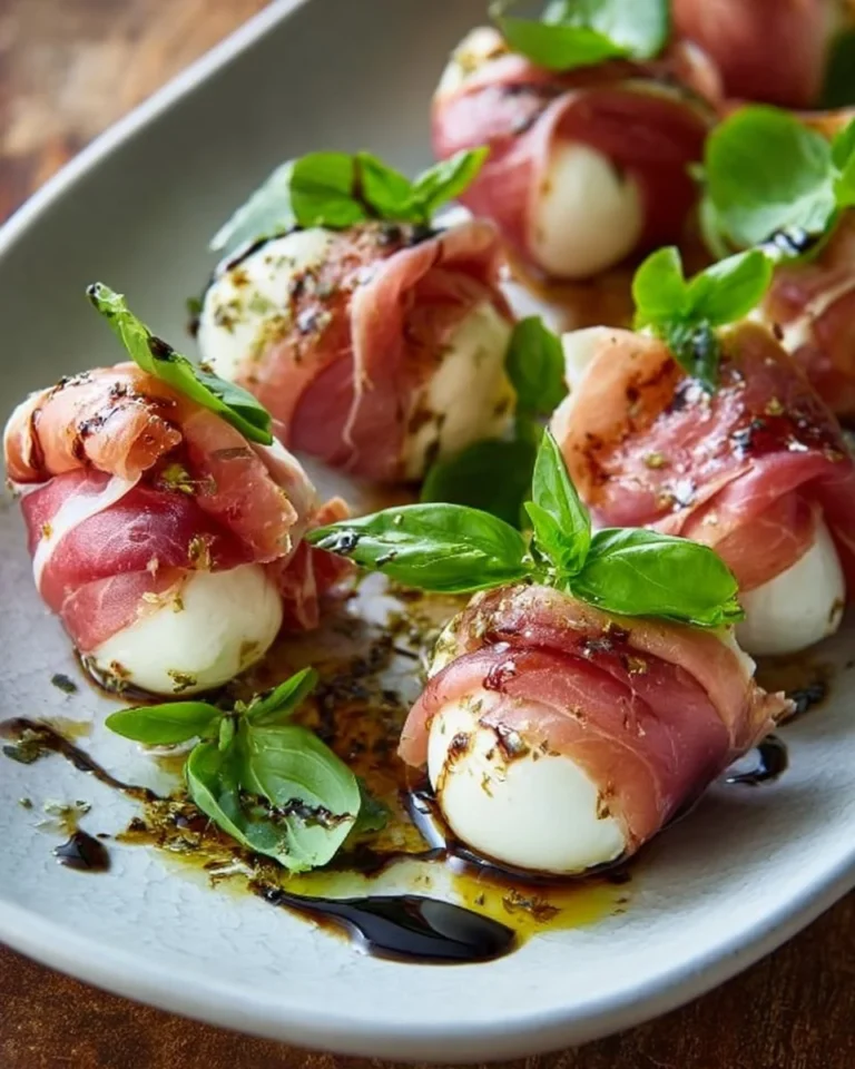 Delicious prosciutto wrapped mozzarella appetizer elegantly presented.