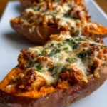 Protein Loaded Sweet Potato Boats topped with healthy ingredients