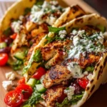 Quick Mediterranean Chicken Tacos topped with fresh veggies and spices