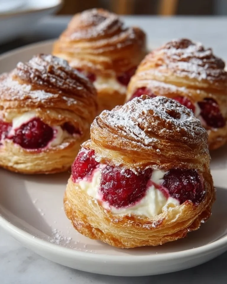 Raspberry cream cruffins topped with fresh raspberries and cream filling