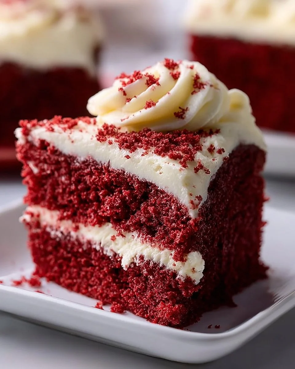 Delicious red velvet snack cake served on a plate with cream cheese frosting