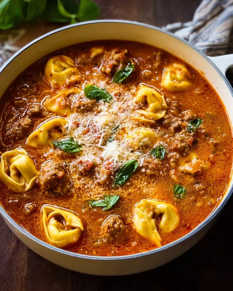 Bowl of rich lasagna soup with tortellini, garnished with cheese and herbs.