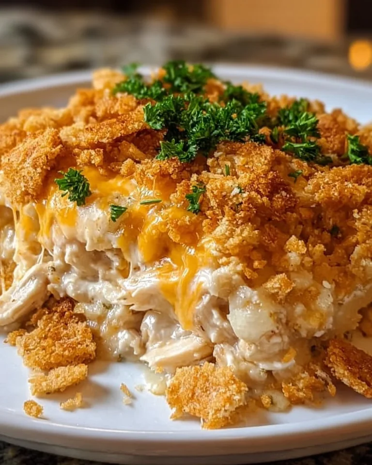 Delicious Ritz Cracker Chicken Casserole dish served hot
