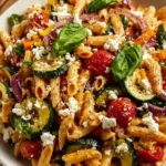 Delicious roasted veggie pasta topped with feta cheese on a rustic plate