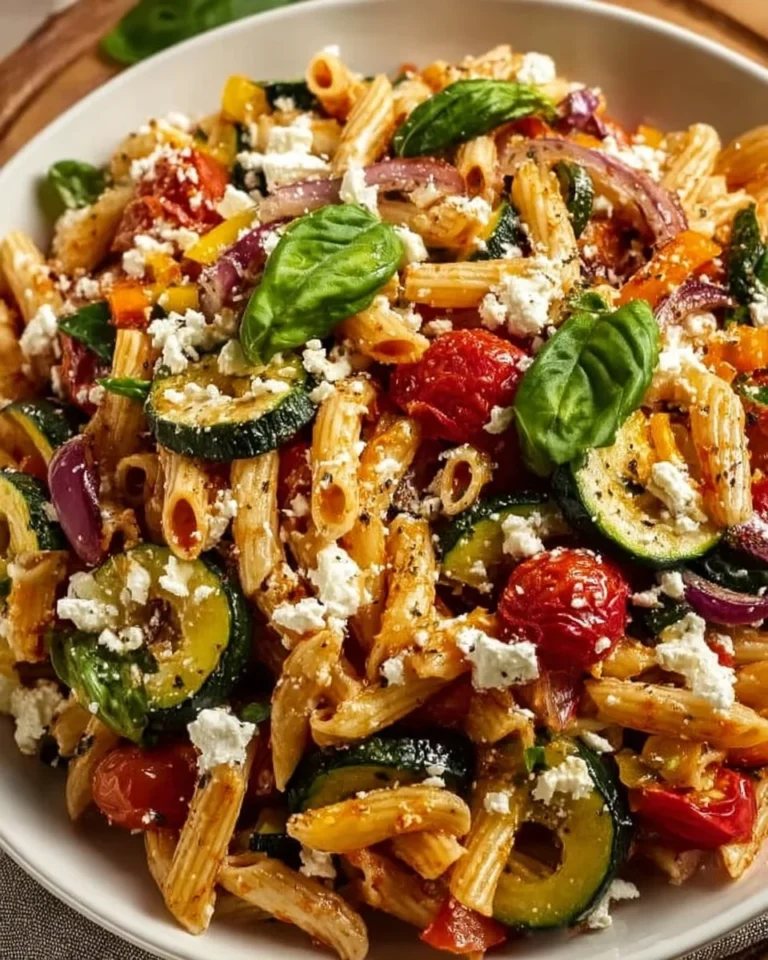 Delicious roasted veggie pasta topped with feta cheese on a rustic plate
