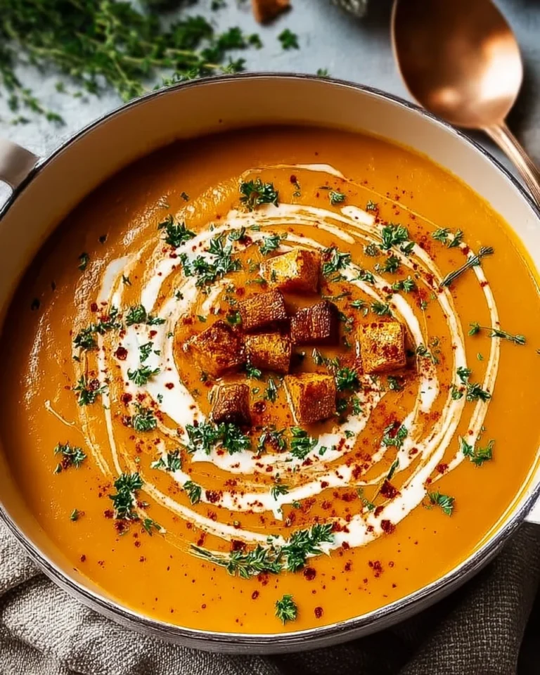 Bowl of gluten and dairy free sweet potato soup garnished with herbs