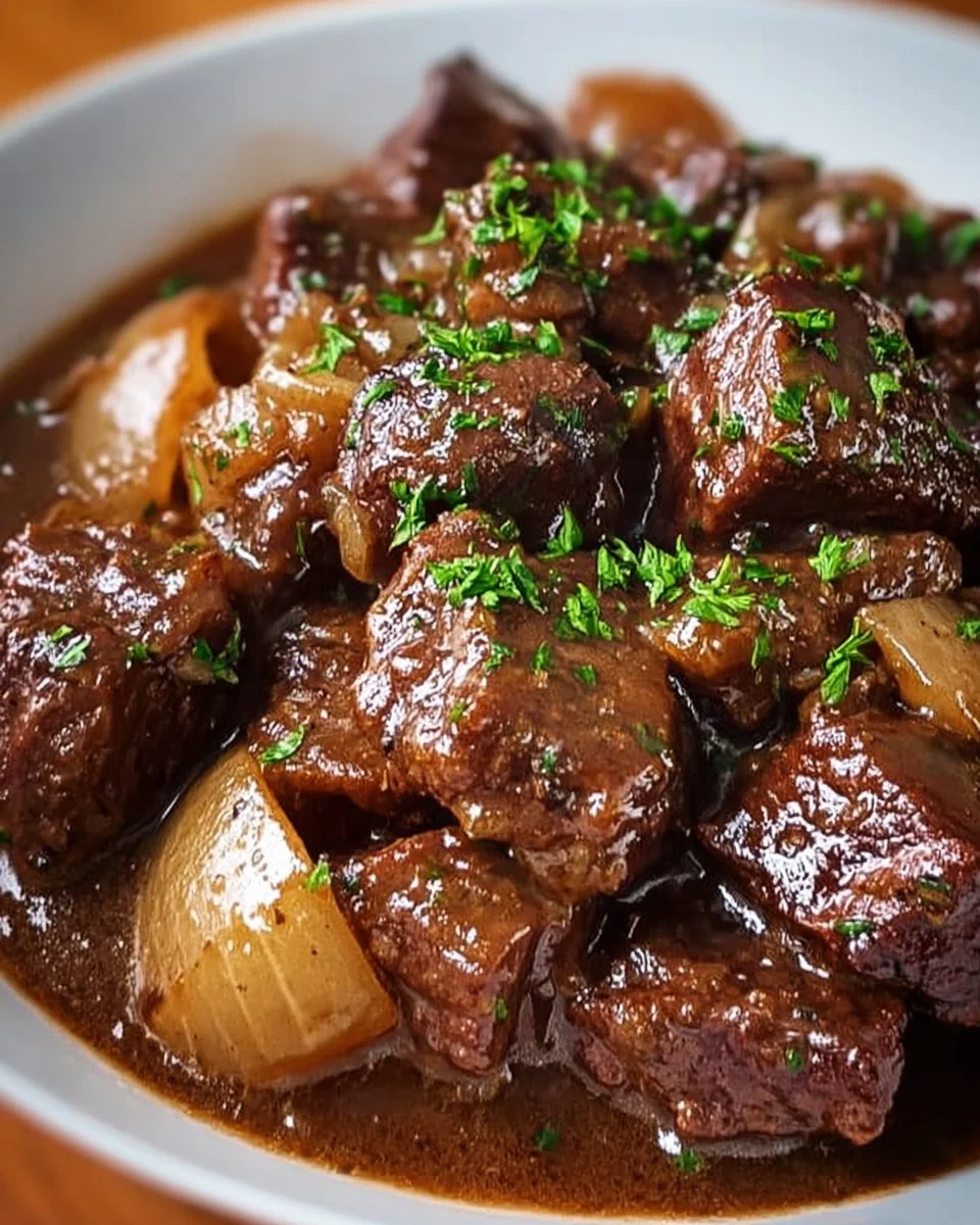 Delicious beef stew cooked in rich onion gravy served in a bowl