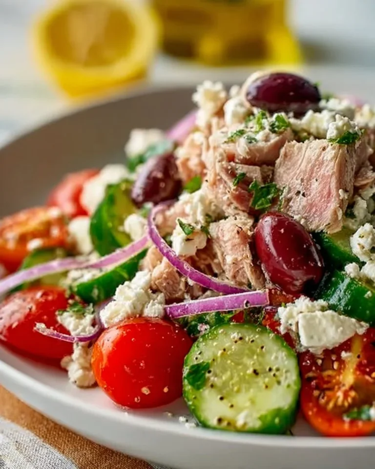 Bowl of Simple Mediterranean Tuna Salad with fresh vegetables and olives
