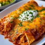 Plate of simple rotisserie chicken enchiladas topped with cheese and salsa