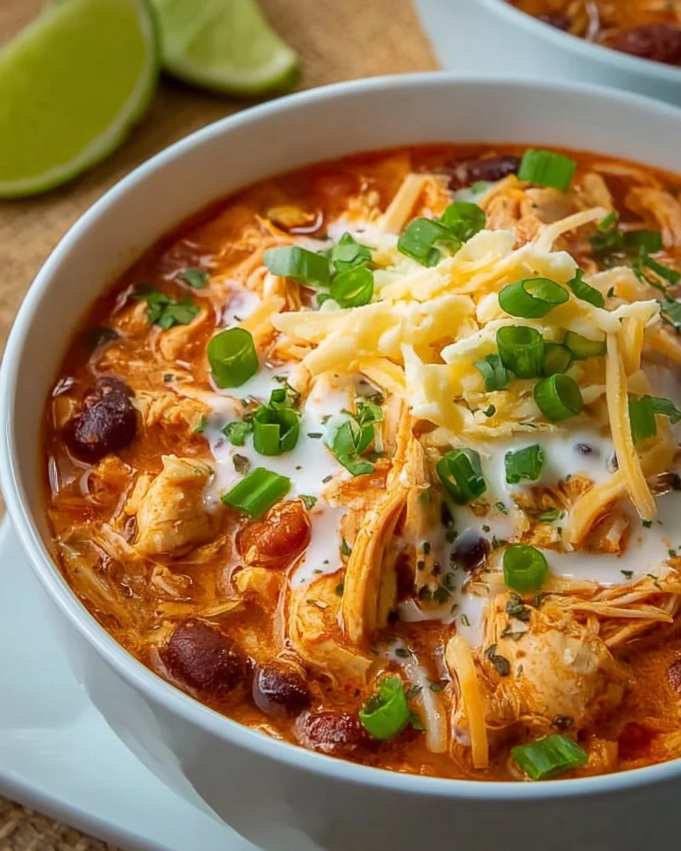 Bowl of Slow Cooker Buffalo Chicken Chili topped with green onions