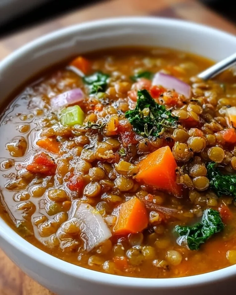 Bowl of slow cooker lentil soup garnished with herbs