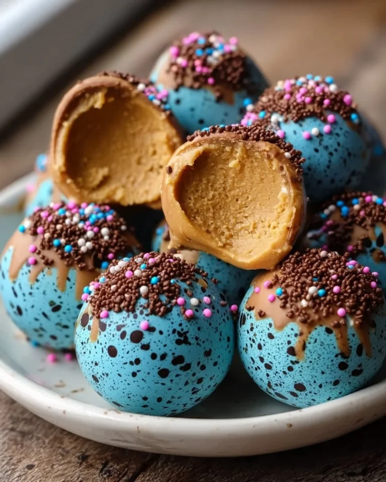 Speckled Robin's Egg Peanut Butter Truffles on a decorative plate.