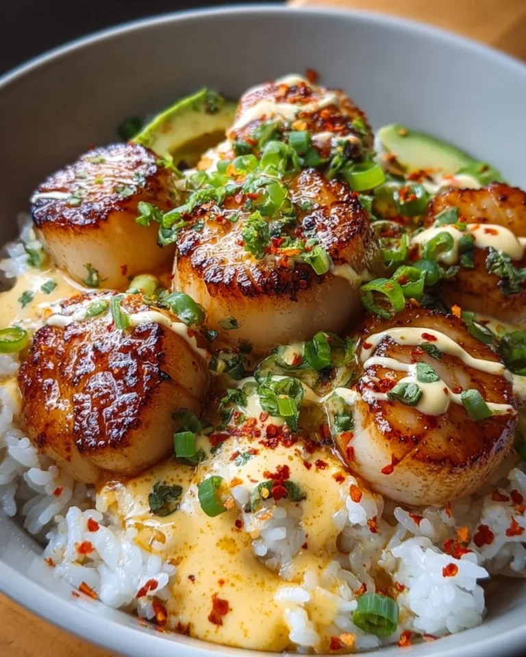 Spicy creamy seared scallop rice bowls garnished with fresh herbs