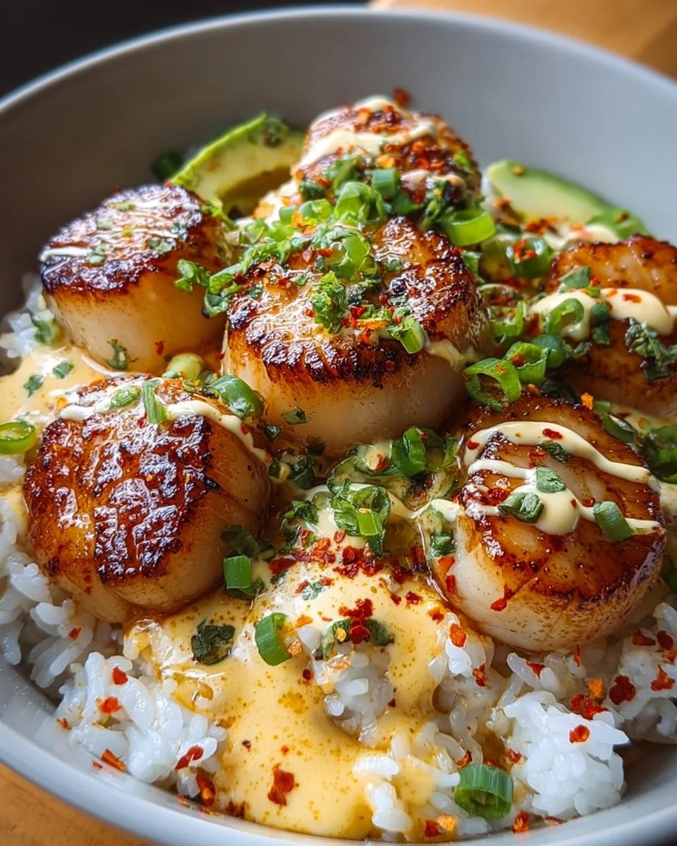Spicy creamy seared scallop rice bowls garnished with fresh herbs