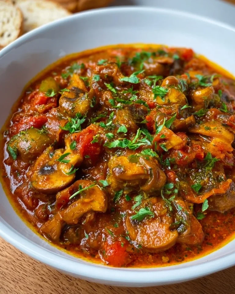 Bowl of Spicy Georgian Mushroom Stew with fresh herbs and spices