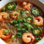 Bowl of spicy shrimp rice noodle soup topped with fresh herbs and chili.