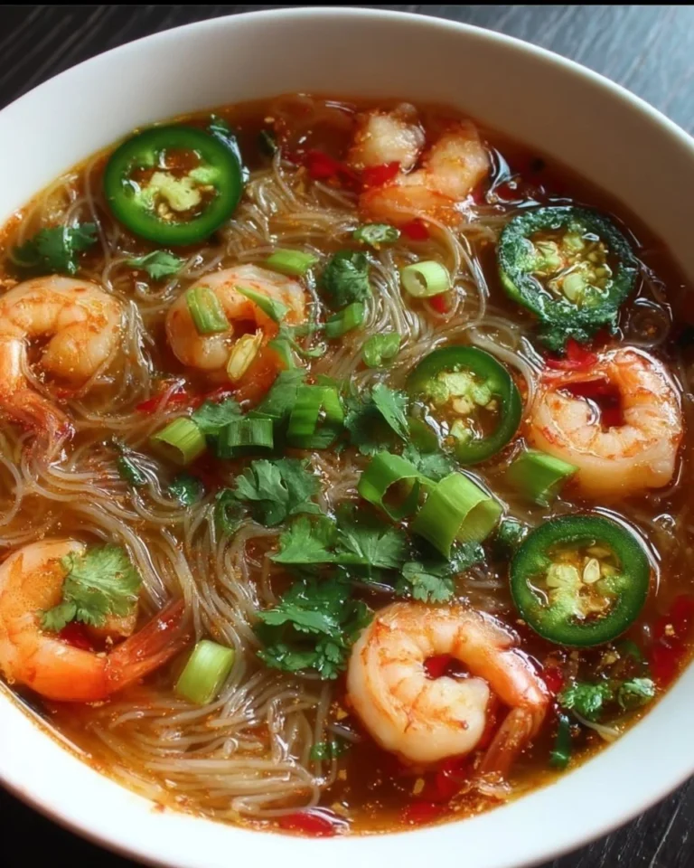 Bowl of spicy shrimp rice noodle soup topped with fresh herbs and chili.