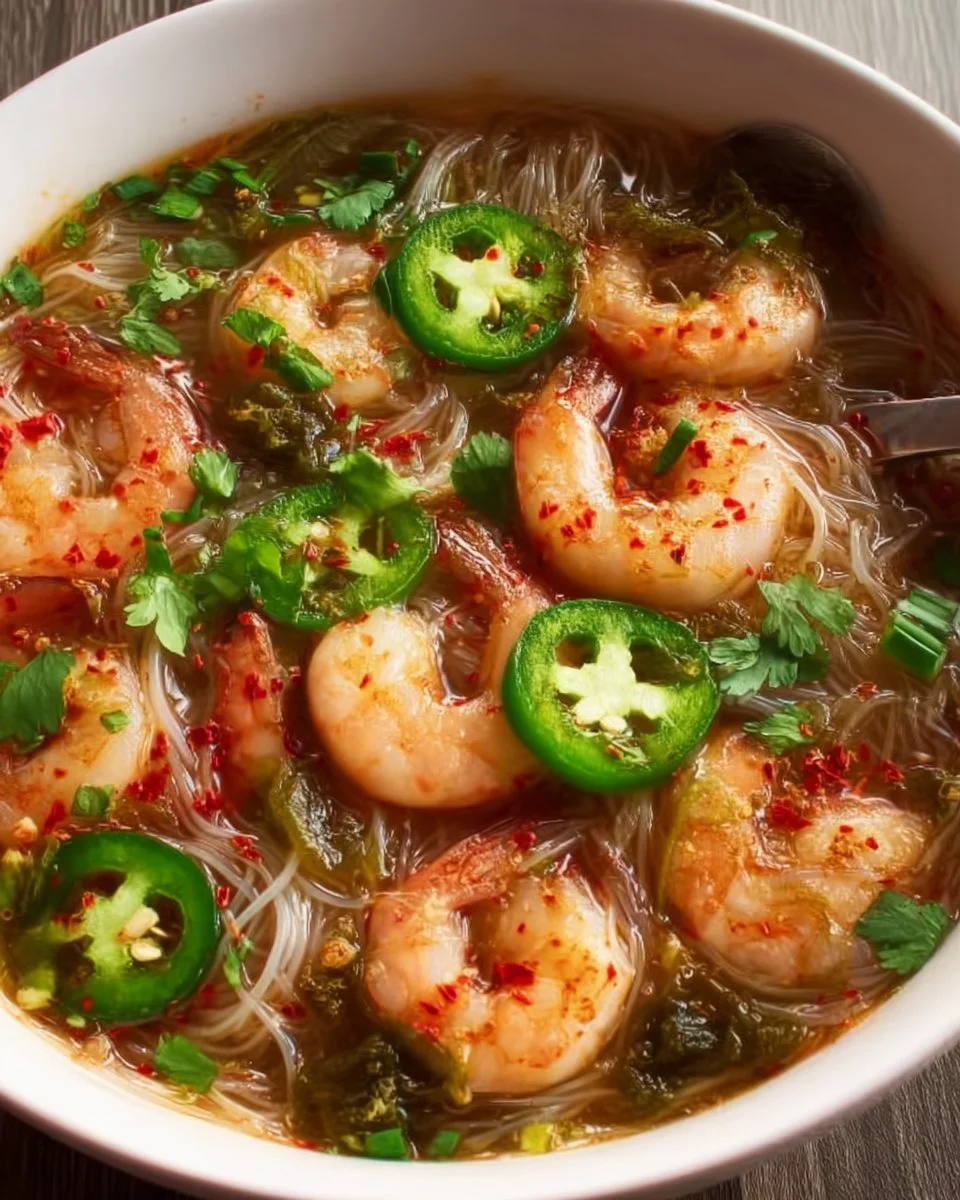 Bowl of spicy shrimp rice noodle soup with fresh ingredients and herbs