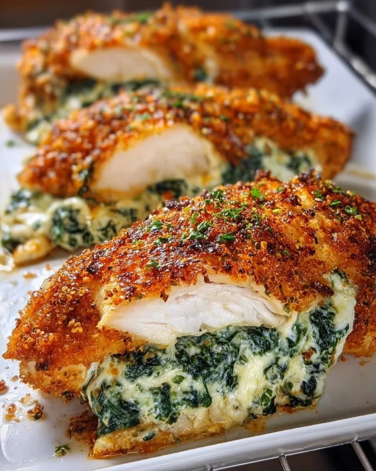 Spinach and cheese stuffed fish fillets on a plate garnished with herbs.