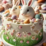 Spring baby shower setup with an Easter Bunny theme, featuring decorations and treats.